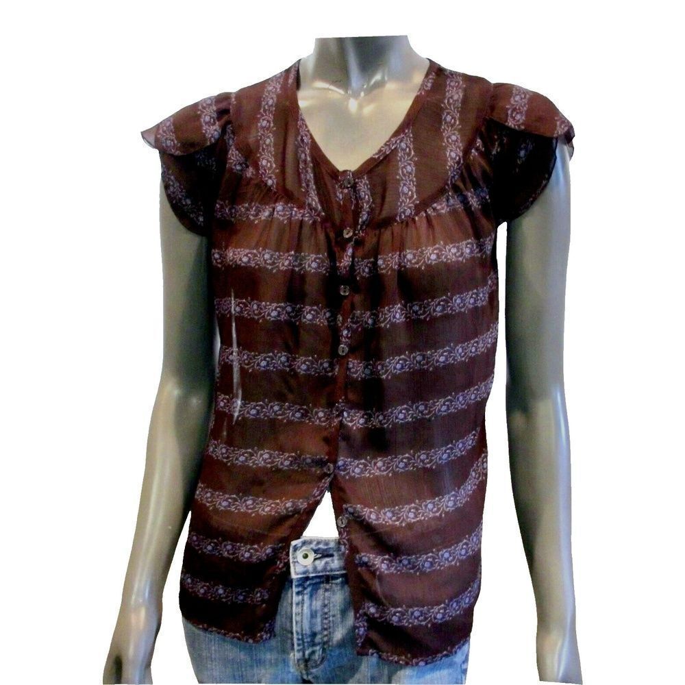 Petticoat Alley Womens Button-Up Top Brown Floral Striped Short Sleeve XS New